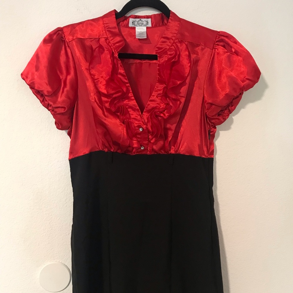 Y2k Trixxi Red Satin Ruffle-Front Midi Dress with Black Skirt